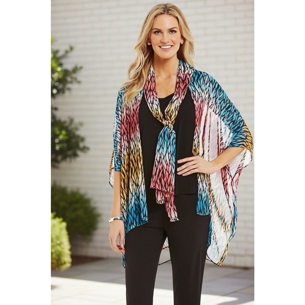 IC by Connie K Sz L Sheer Multicolor Print Scarf Tie Kimono Jacket Poncho